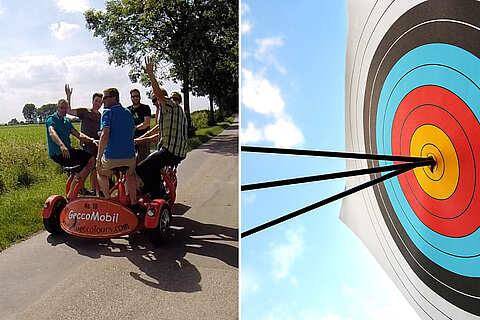 Ein GeccoMobil mit 7 Menschen beim Rad fahren und Bogenschießen | mit GeccoTours-TeamEvents.com